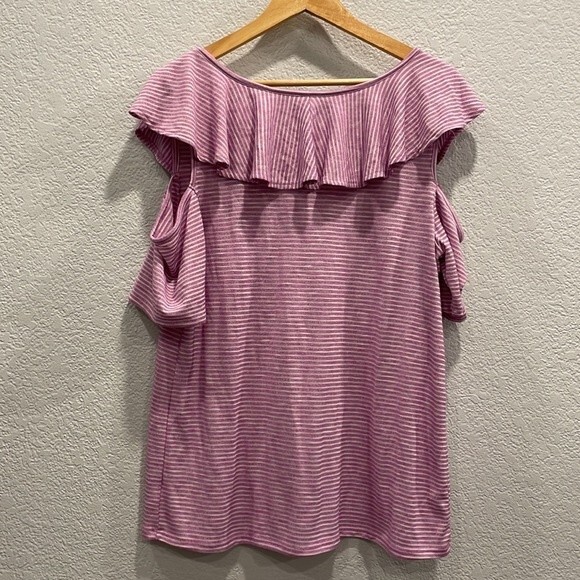 Lane Bryant Purple Stripe Cold Shoulder Ruffle Top Size 14/16 - Picture 7 of 8